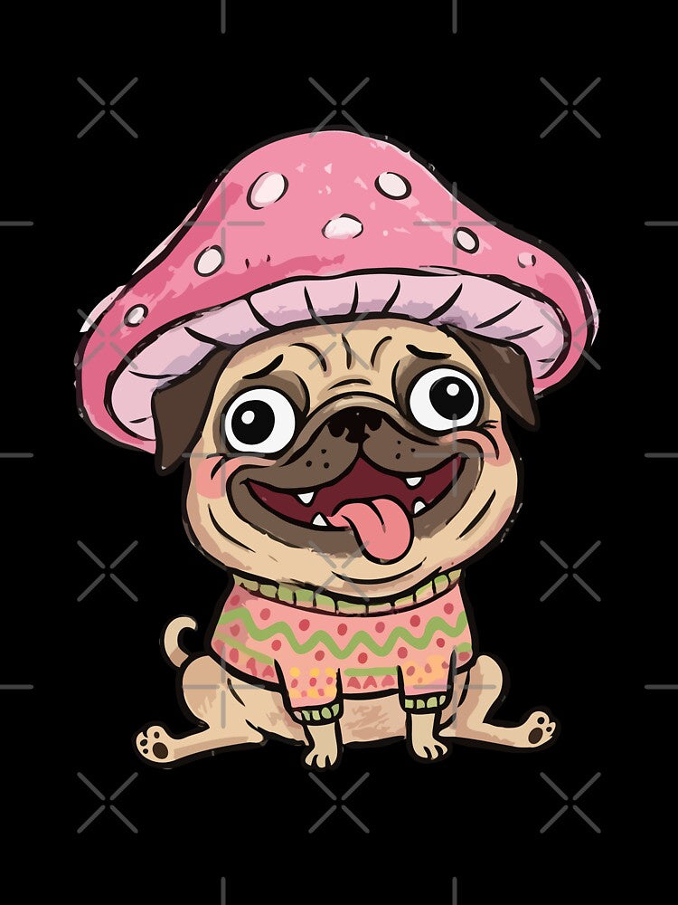 Pink Mushroom Hat Pug in Patterned Sweater by Emegan Print Art