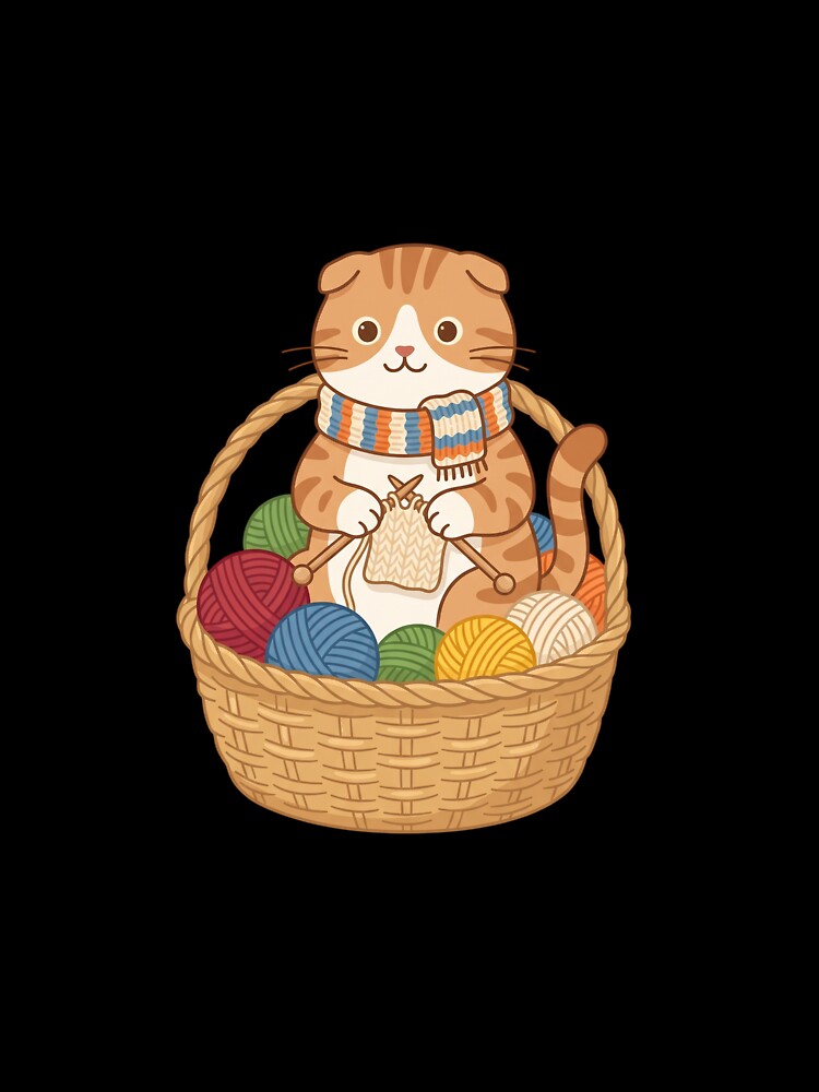 Scottish Fold Knitting Cat Cozy Yarn Ball Craft by PictoVibe