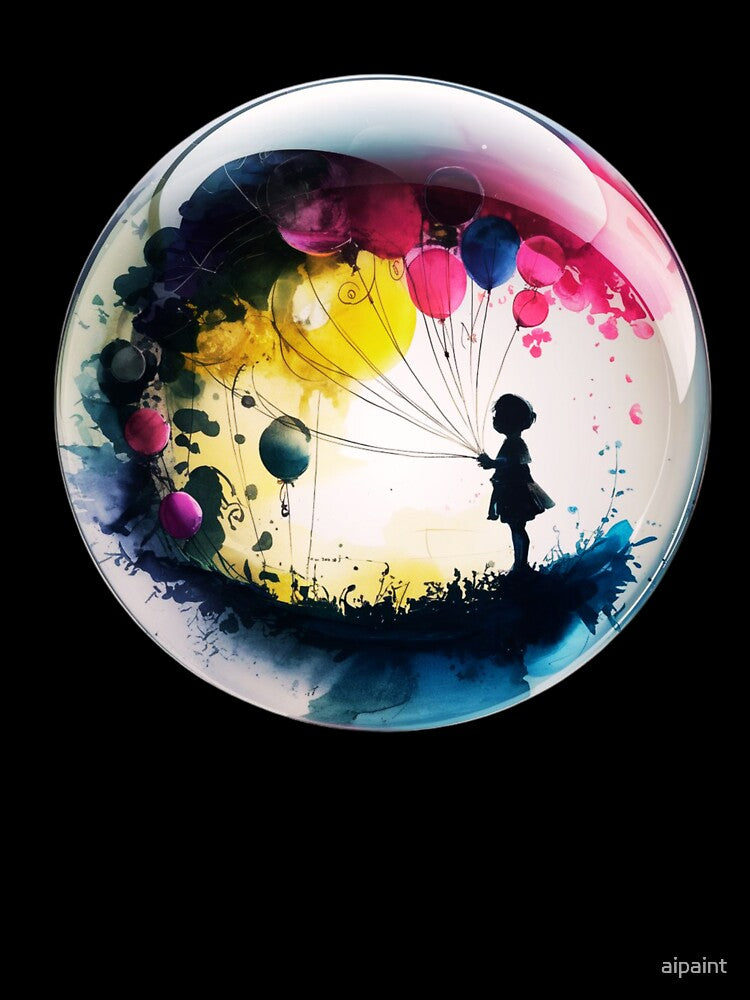 The child is silhouetted against the space, which is filled with balloons by aipaint