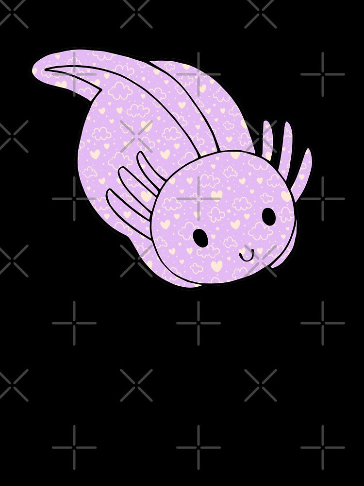 Cute Kawaii Baby Chibi Axolotl in Pastel Lavender Purple with Hearts and Cloud Pattern by InkMemories