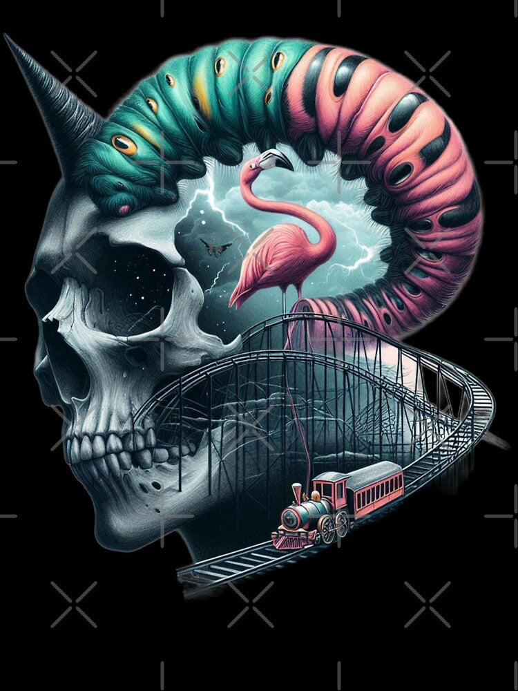 Gothic Skull and Many Eyed Caterpillar Surreal Train Art by LujziWorld