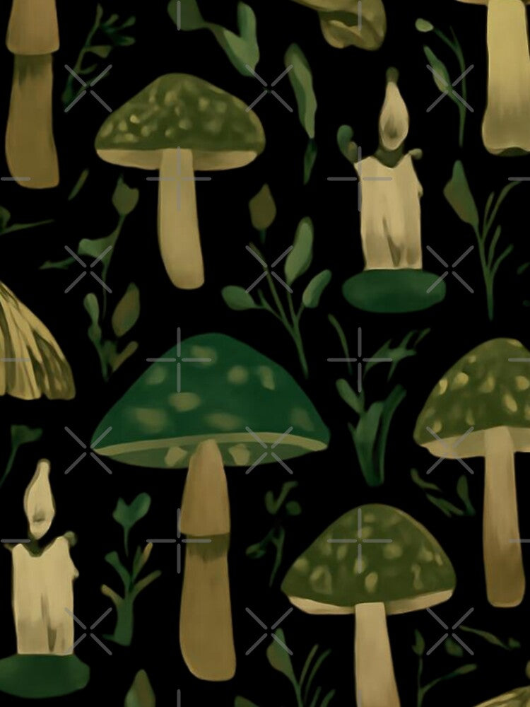 Dark Green Mushroom Moth And Candle Pattern by bvdesignart