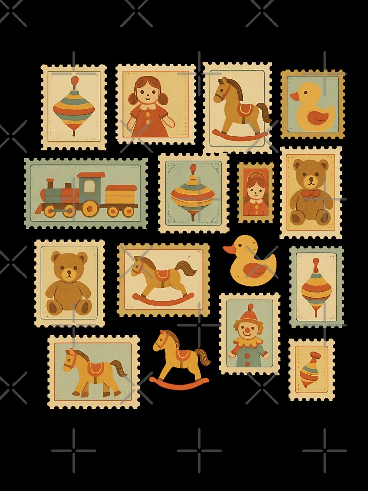 Stamp Collage of Children’s Toys | Vintage Toy Illustration | Playful Retro Art Print | Nostalgic Childhood Aesthetic Design by PaintedPixels01