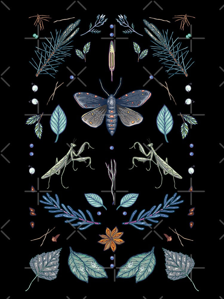 Moth & Praying Mantis Dark Botanical Art by smalldrawing
