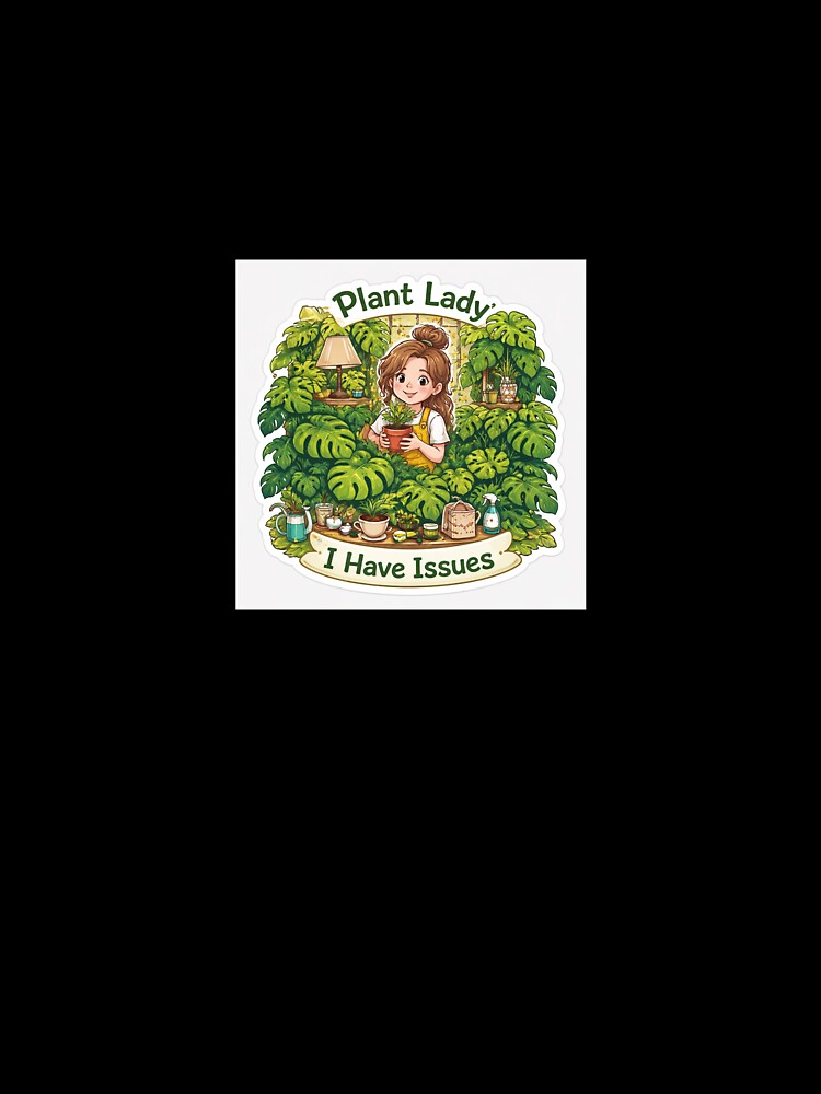 Plant lady bestseller, green thumb "Plant Lady: I Have Issues" with overgrown monstera choking room, chaotic cute --ar 1:1 by SparkVault