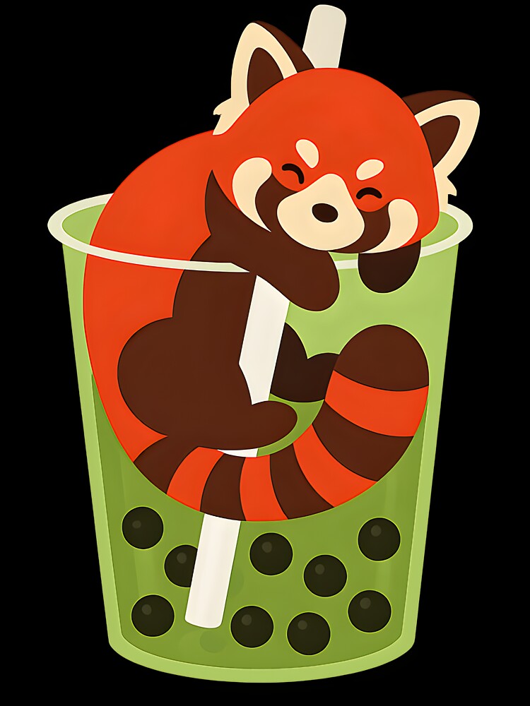 Kawaii Red Panda Drinking Matcha Boba Tea by BlueCoyoteDigital