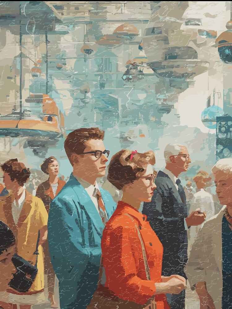 Commuter Rush in the Sky City - 60s Retrofuturism by bapupa