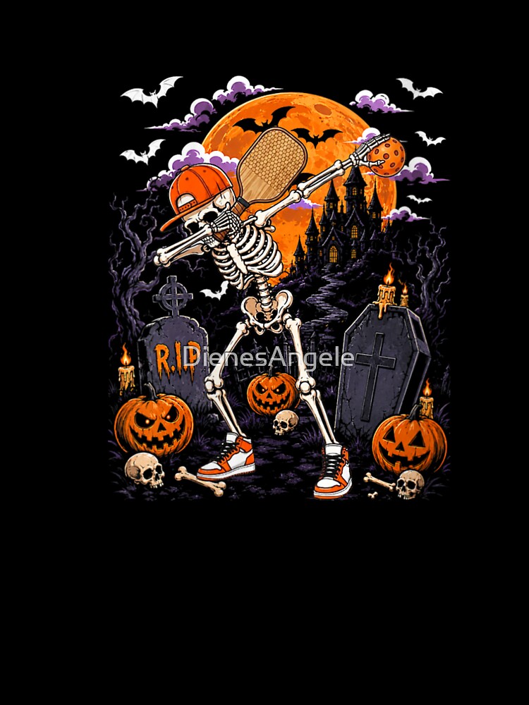 Dabbing Skeleton Playing Pickleball Halloween Moon Graveyard Funny Sports Costume by DienesAngele