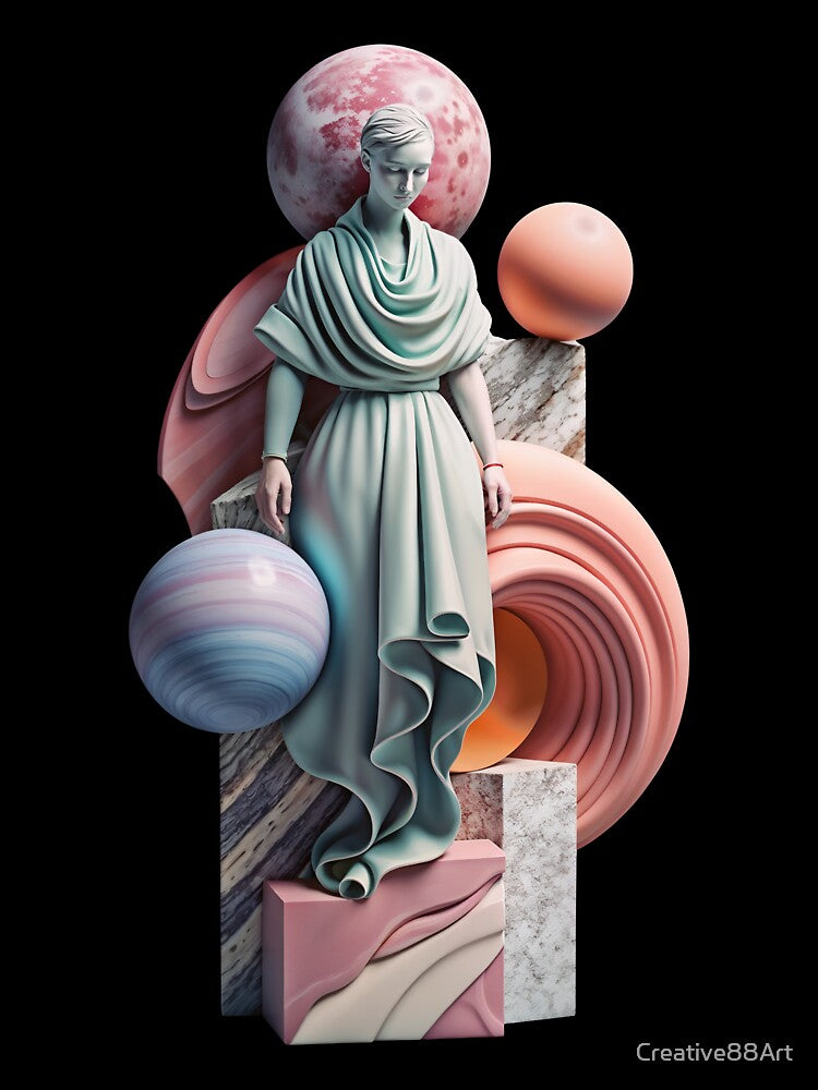 Ethereal woman statue surrounded by colorful planets and geometric shapes by Creative88Art
