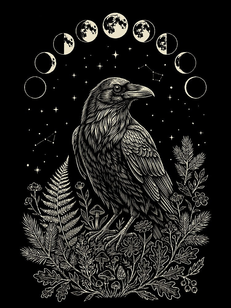 Raven Moon Phases – Dark Celestial Occult Illustration by Skyleton