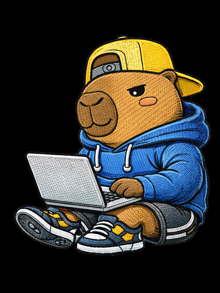 Cute Remote Work Capybara Using Laptop – Kawaii Digital Nomad Capybara Embroidered Patch Style by ColorSplash123