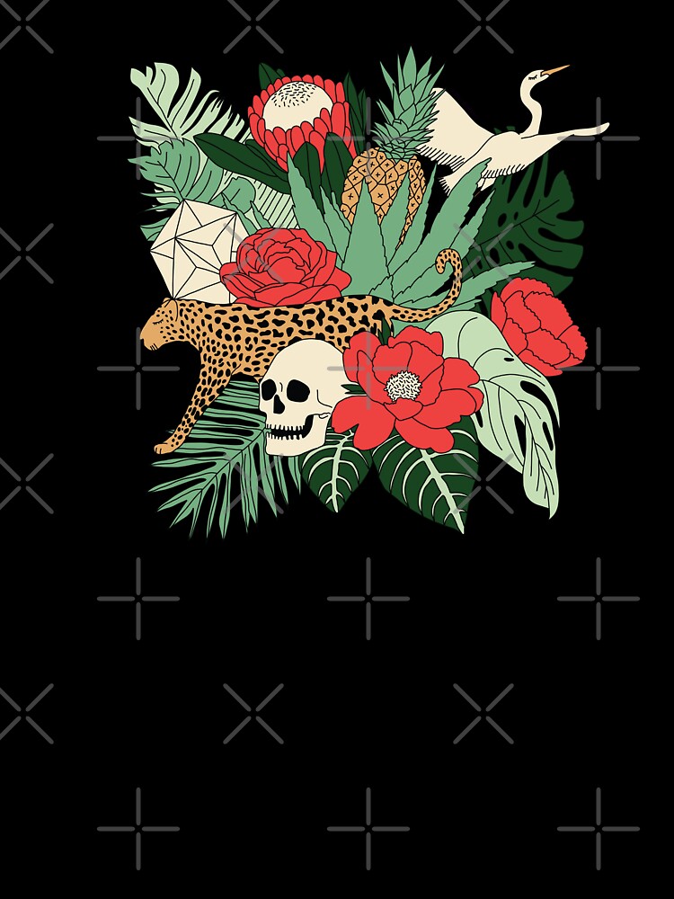 Floral tropical leaves and fruits with bird, leopard and skull by Sasa Elebea by Sabrina Brugmann
