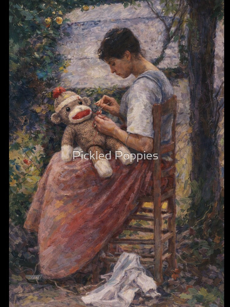 Mending Memories – Impressionist Woman Repairing a Sock Monkey by Pickled Poppies