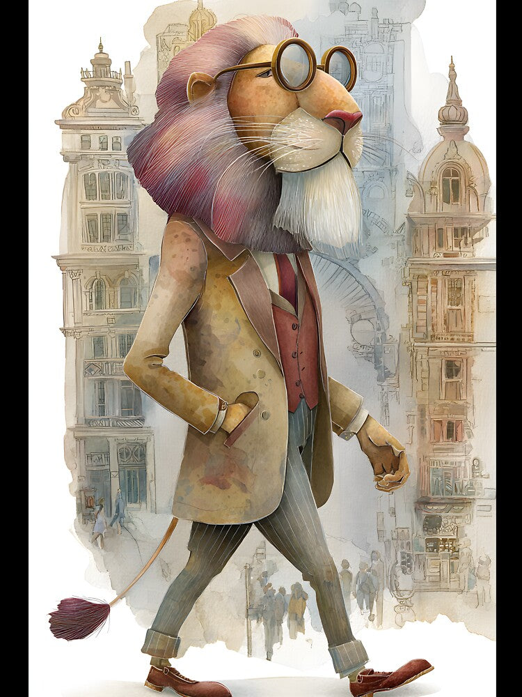 Stylish Lion Walking Through City Streets Elegantly by Artessie