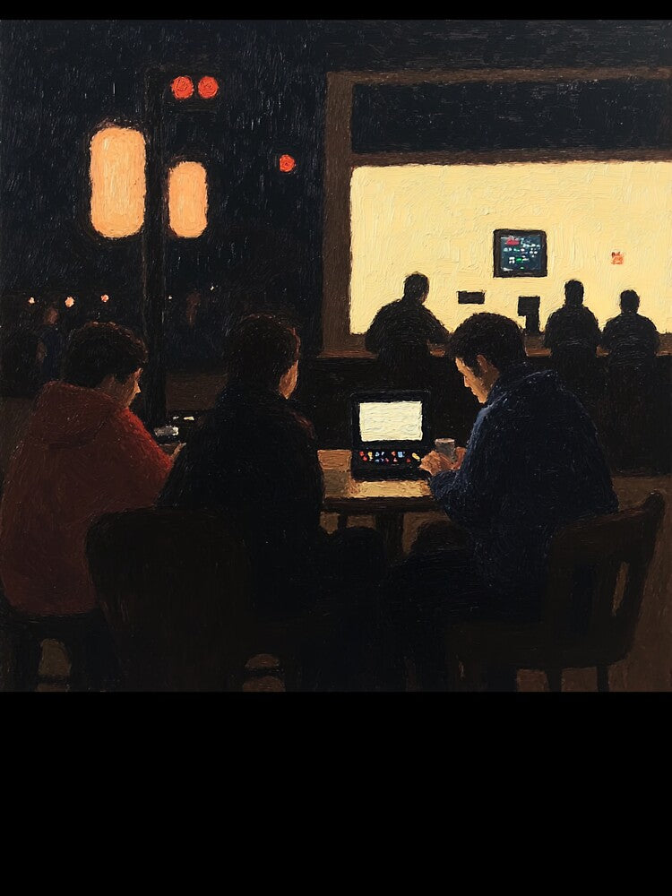 Gaming cafe | Post-impressionist painting style by ComicsFactory