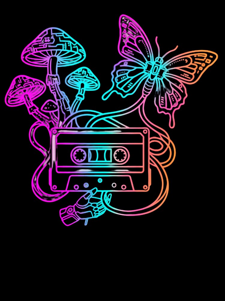 Synthwave Cassette Tape & Neon Magic Mushrooms - Trippy Cyber Nature by V-ZRO