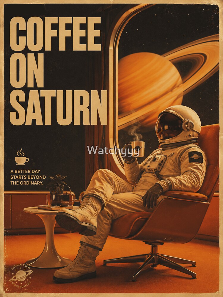 Coffee On Saturn – Retro Futuristic Space Poster by Watchyyy
