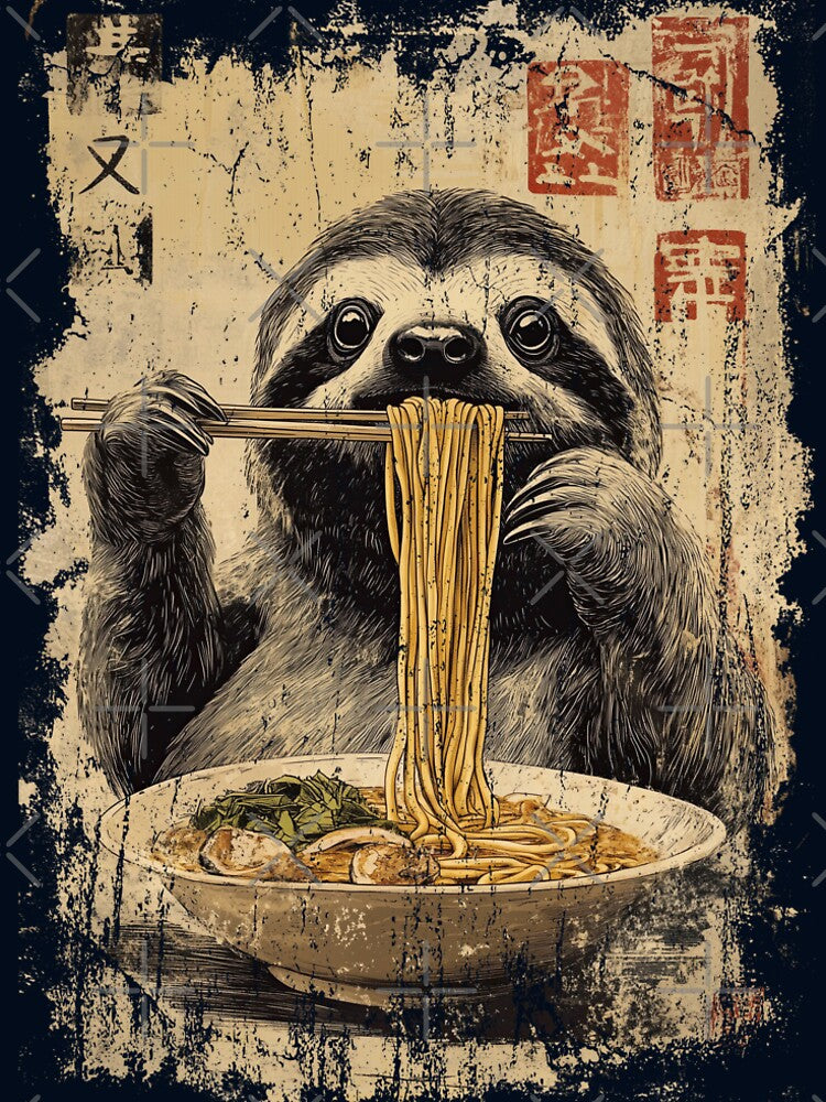 Sloth eating ramen - vintage paint by Gaviani Design Studio