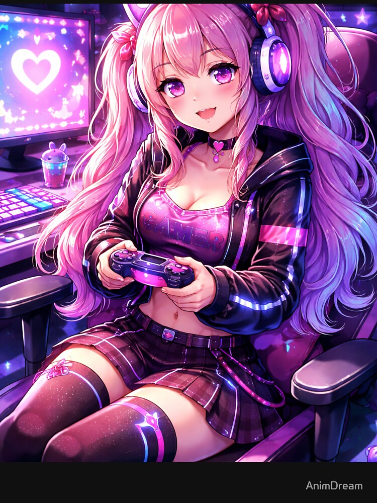 Cyberpunk Gamer Girl Anime – Neon Egirl Gaming Aesthetic Futuristic Art by AnimDream