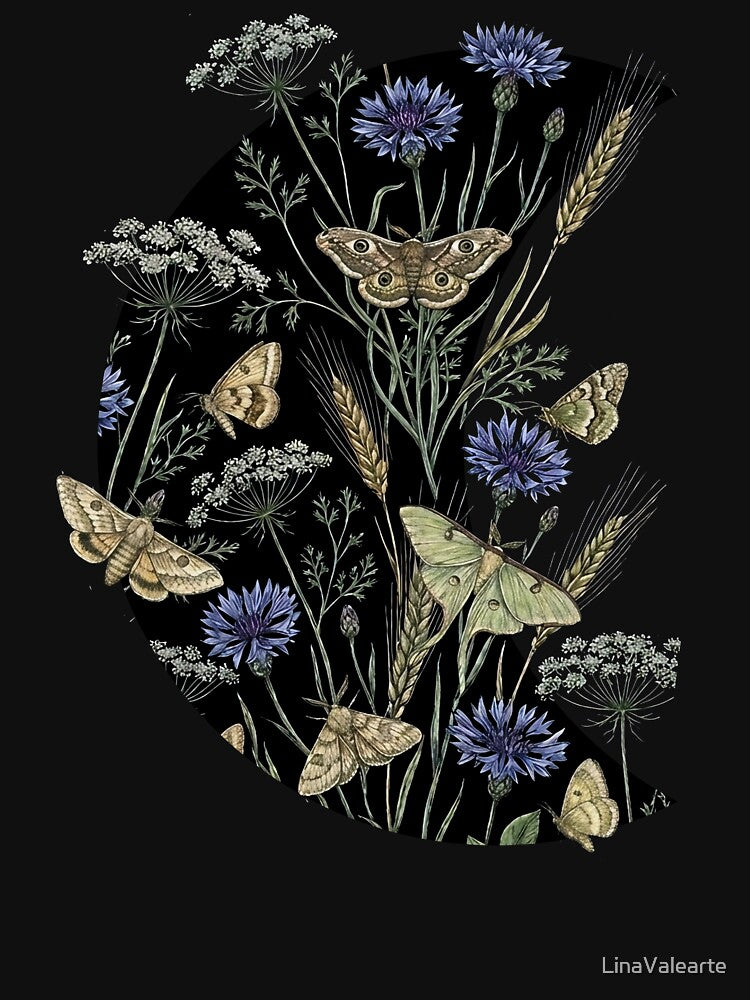 Dark Enchanted Night Garden Moth and Wildflower Pattern by LinaValearte
