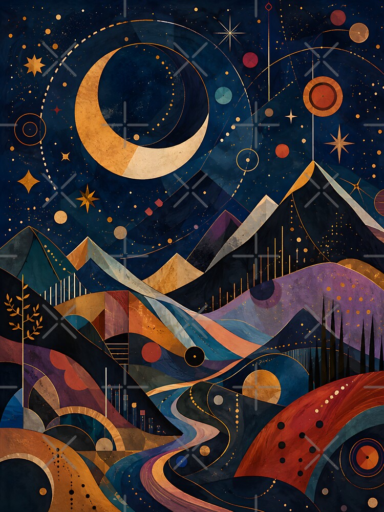 Celestial Mountain Landscape – Golden Crescent Moon and Starry Night by GutyzDesignsES