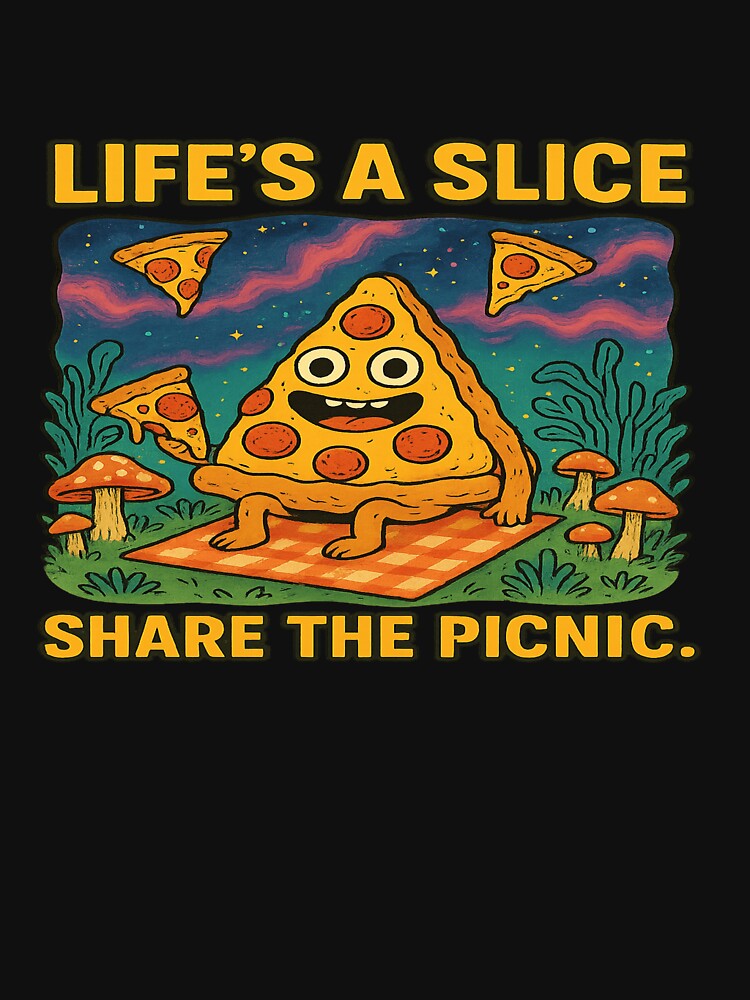 Life’s a Slice – Funny Pizza Picnic Cosmic Mushroom by POD DYNASTY | Original Print On Demand T-Shirt Graphics