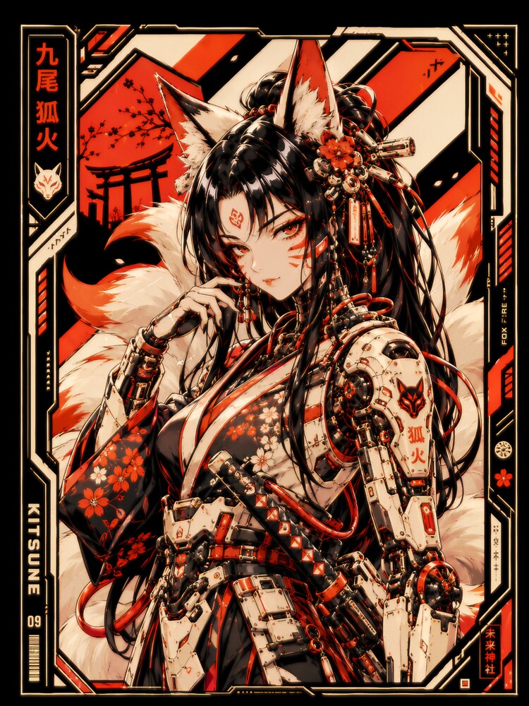 Cyberpunk Kitsune Girl - Retro Anime Fox Spirit by Apocalyptic Art Studio