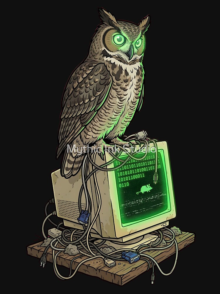 Owl Watching CRT Monitor - Retro Tech Weirdcore Meme - Coding Owl by Mythic Ink Studio