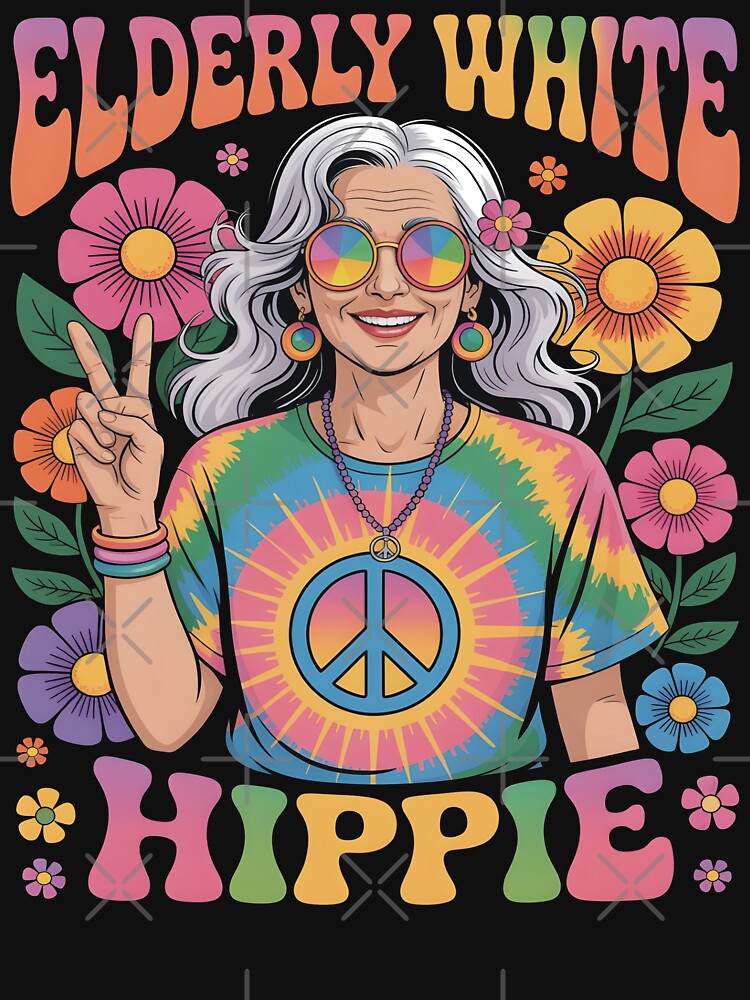 Elderly White Hippie Woman Funny Retro Gift For Peace Lovers by SkymarArt
