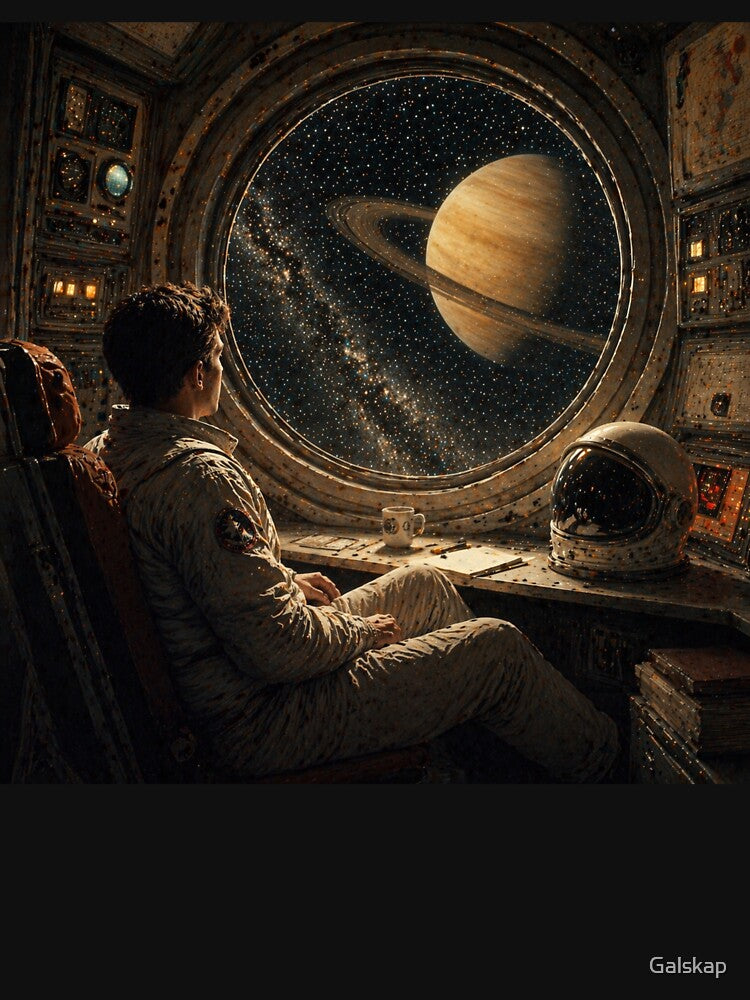 Astronaut Watching Galaxy – Retro Space Interior, Cosmic View, Vintage Sci-Fi by Galskap