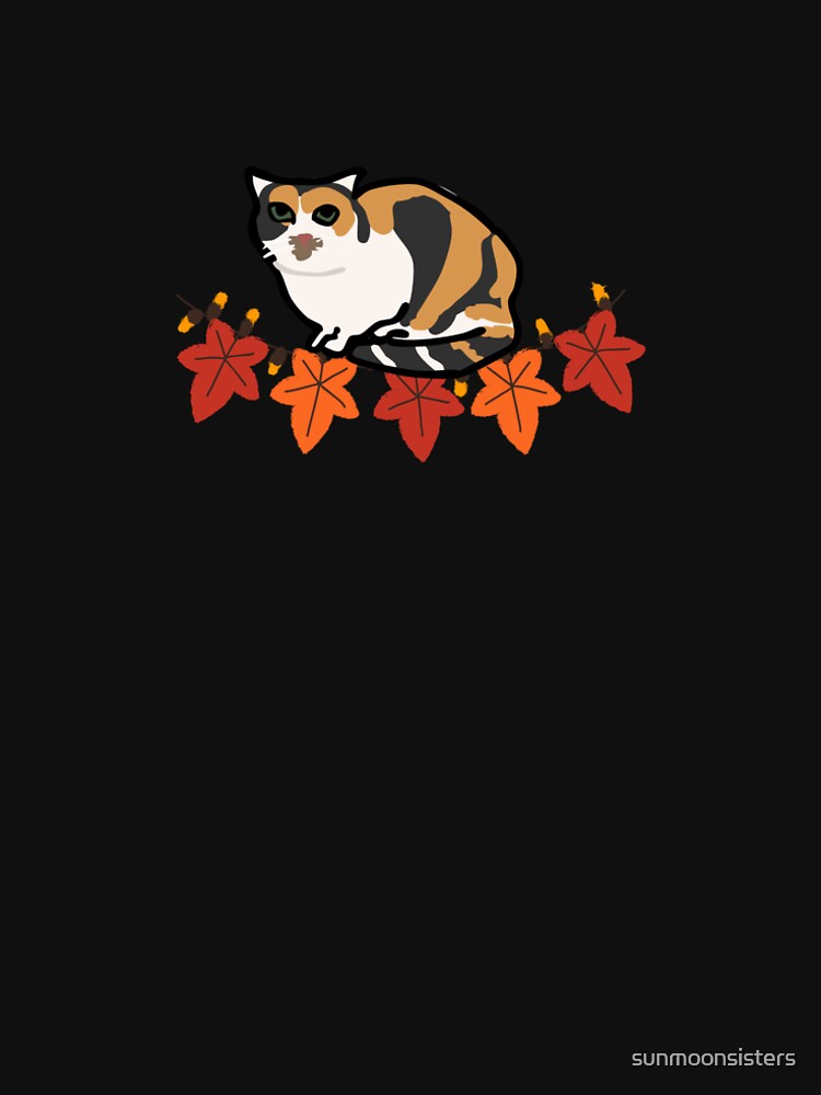 Calico Cat Illustration - Cut4e Fall Cat Art with Autumn Leaves - Cozy Seasonal Pet Design by sunmoonsisters
