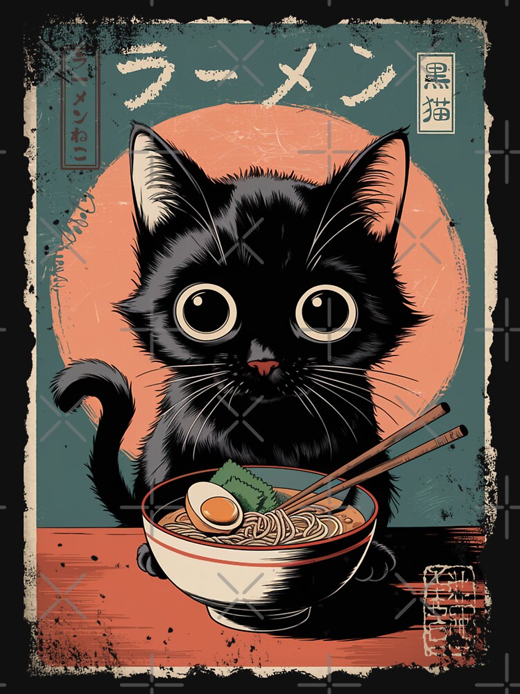 Kawaii Black Cat with Ramen - Ramen Cat Cute Vintage Style - Kawaii Anime Inspired by Damcoc