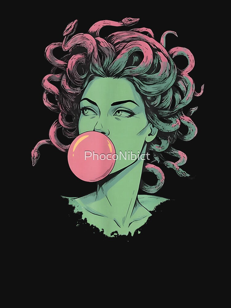Modern Medusa Blowing Bubblegum Pink Snake Hair Mythological Greek Goddess Art by PhocoNibict