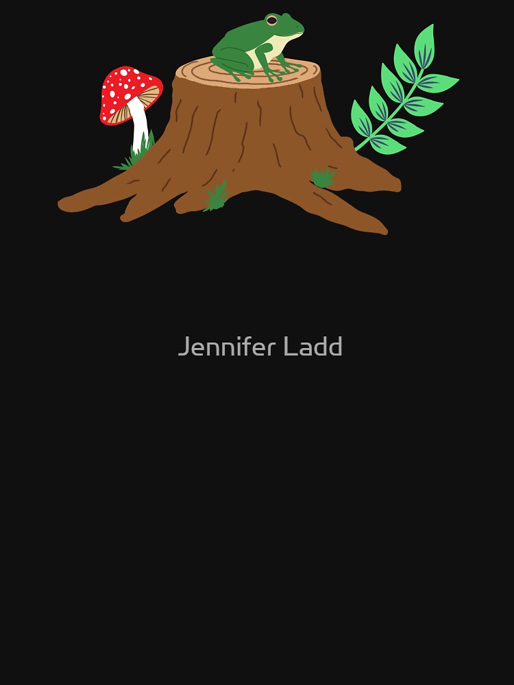 Frog on a tree stump with a mushroom by Jennifer Ladd