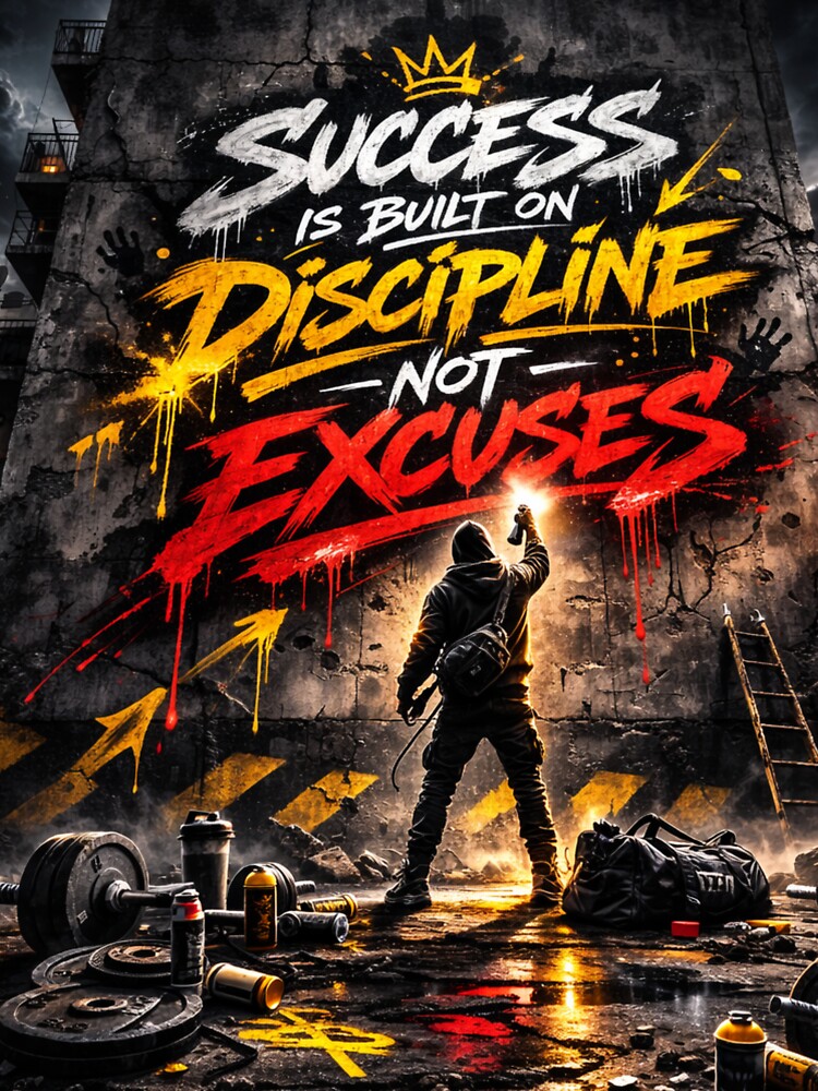 Success Is Built On Discipline Not Excuses – Bold Urban Gym Motivation Graffiti by Gym4Studio