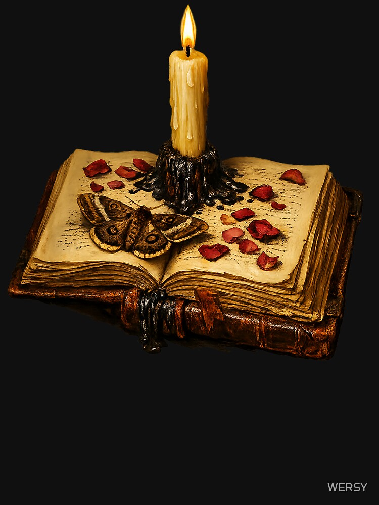 Vintage Gothic Book Candle Moth Dark Academia Whimsigoth Art by WERSY