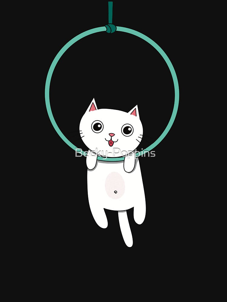 Cute White Cat on Aerial Hoop | Funny Lyra Cat Design by Becky-Poppins