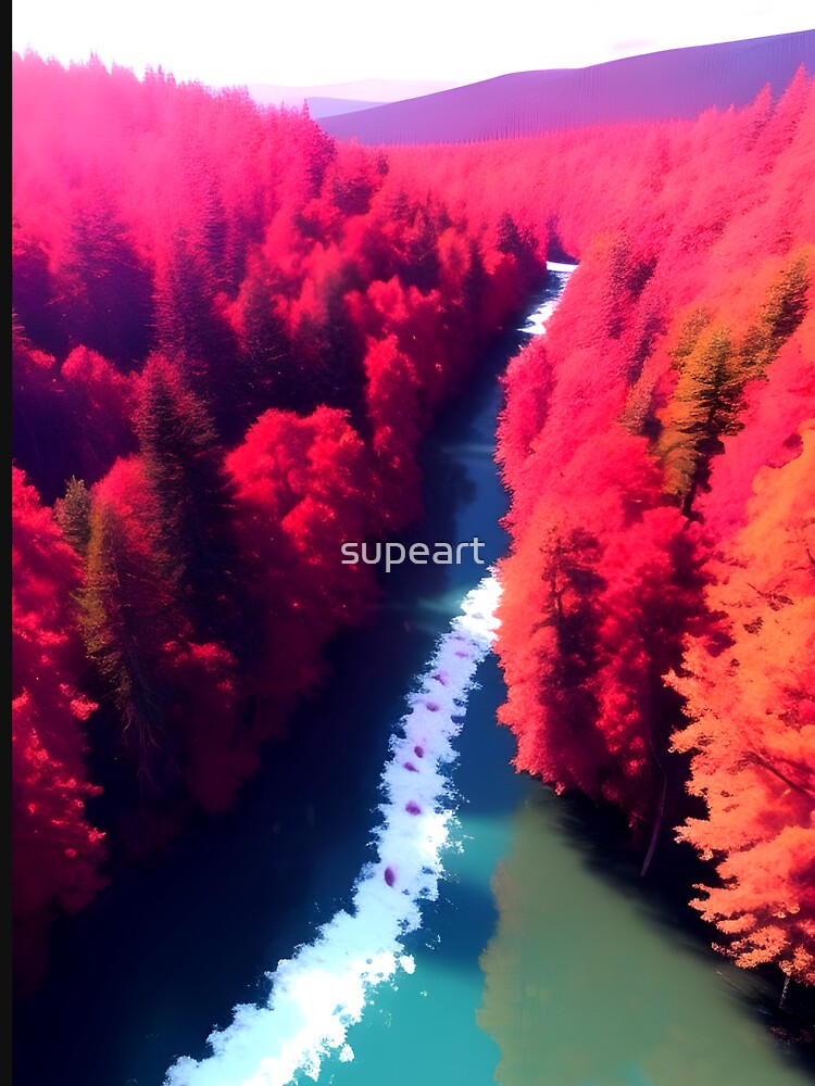 Red Forest & River View Landscape Art by supeart
