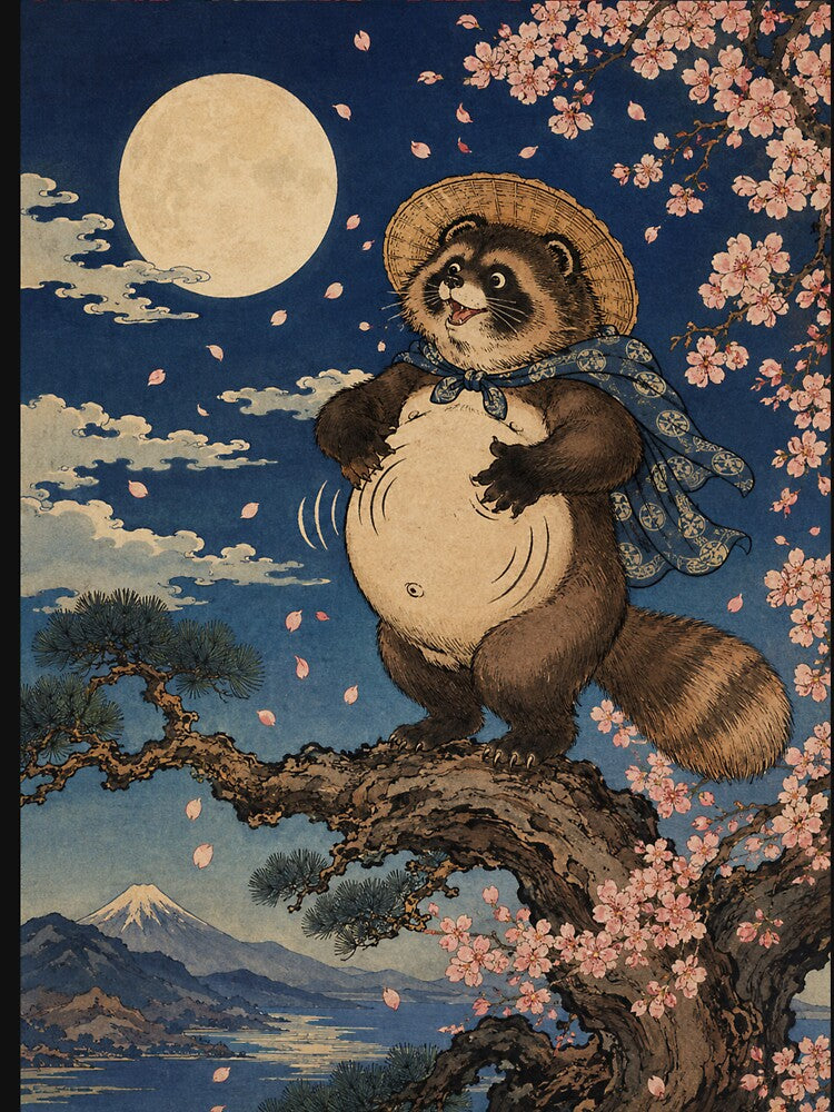 Moonlight Drummer - Vintage Japanese Tanuki Ukiyo-e Woodblock by bapupa
