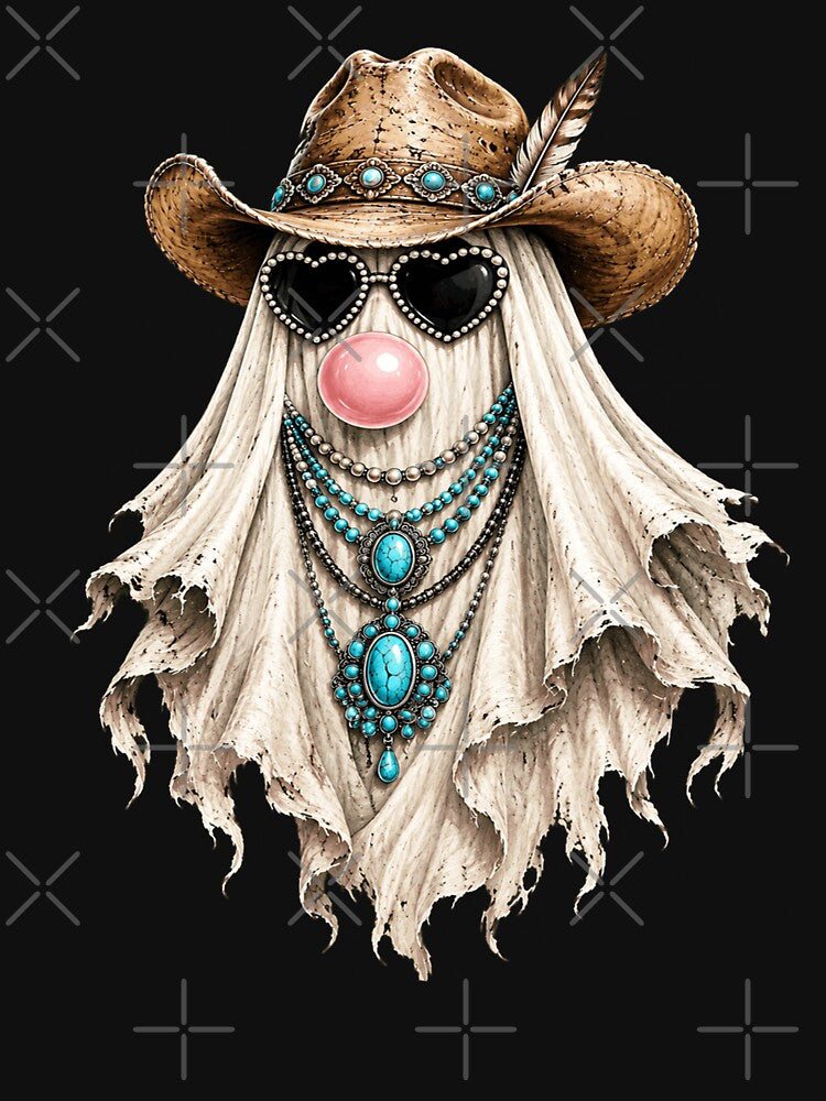 Western Cowgirl Ghost with Cowboy Hat, Turquoise Jewelry, Heart Sunglasses & Bubblegum by 76Valeria