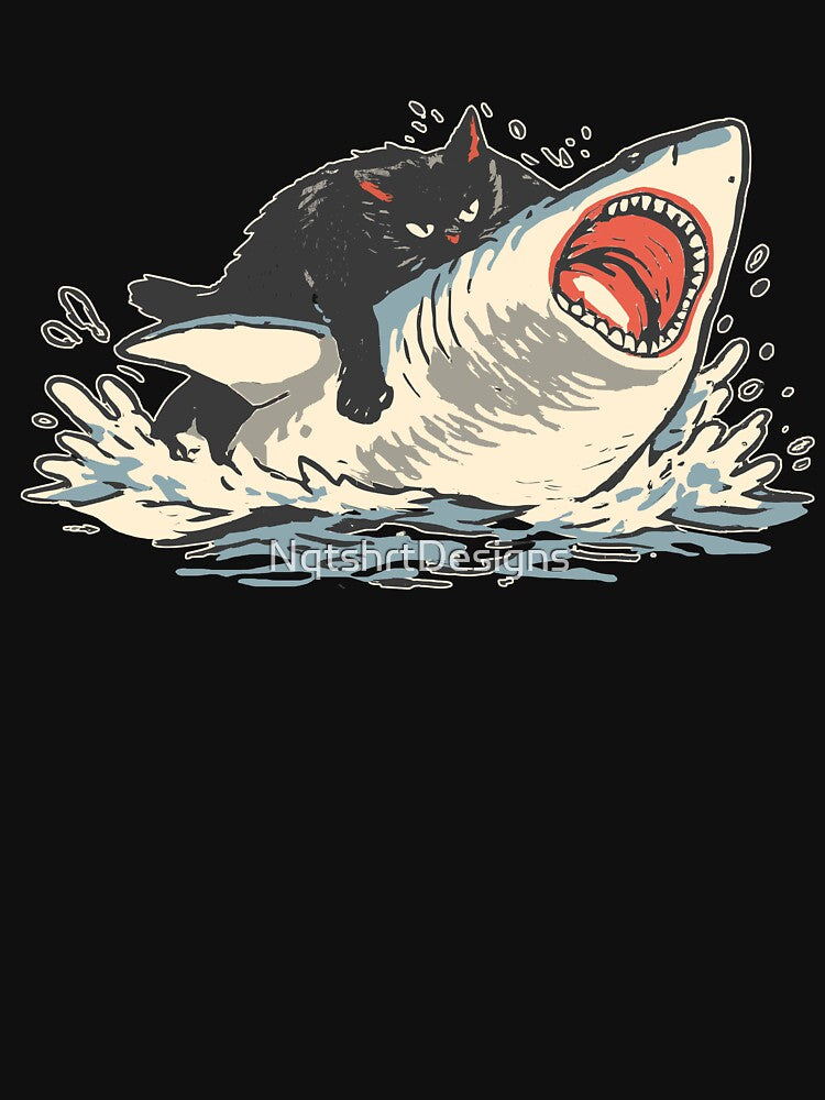 Funny Black Cat Biting Shark by NqtshrtDesigns