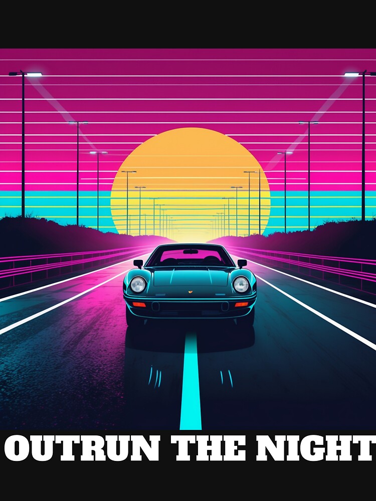 Neon Synthwave Car Driving Into Retro Sunset 80s Highway Art by NeuralAuraArts
