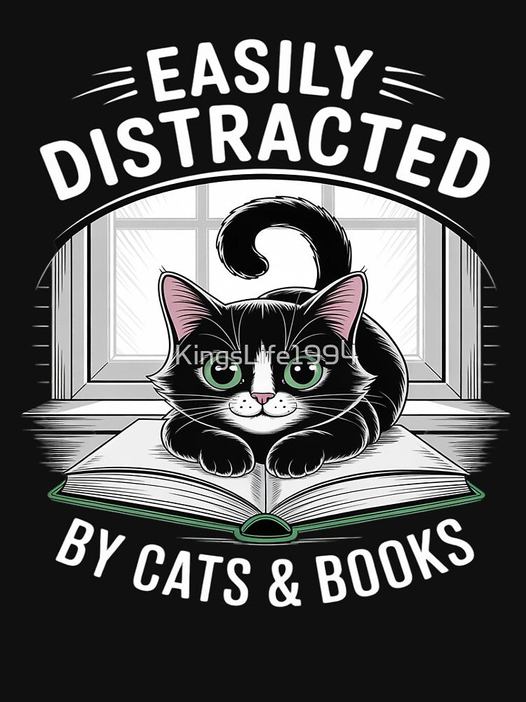 Easily Distracted By Cats & Books Black Cat And Book Lover by KingsLife1994