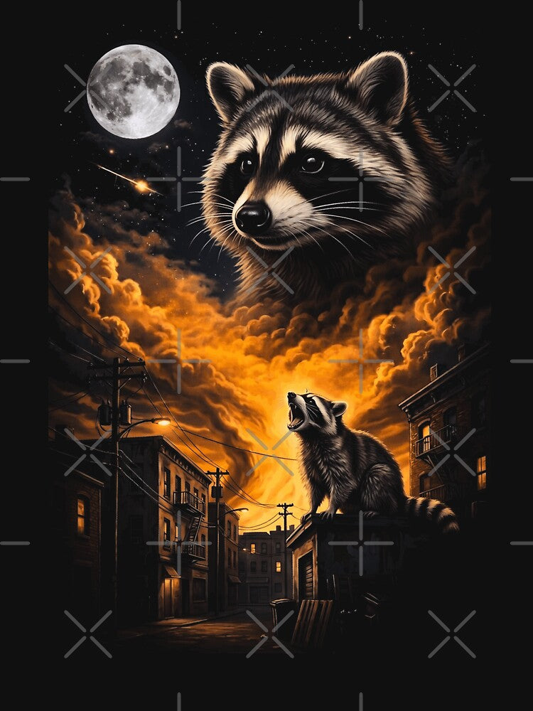 Raccoon Howling At Moon Urban Night Sky Animal Art by d247