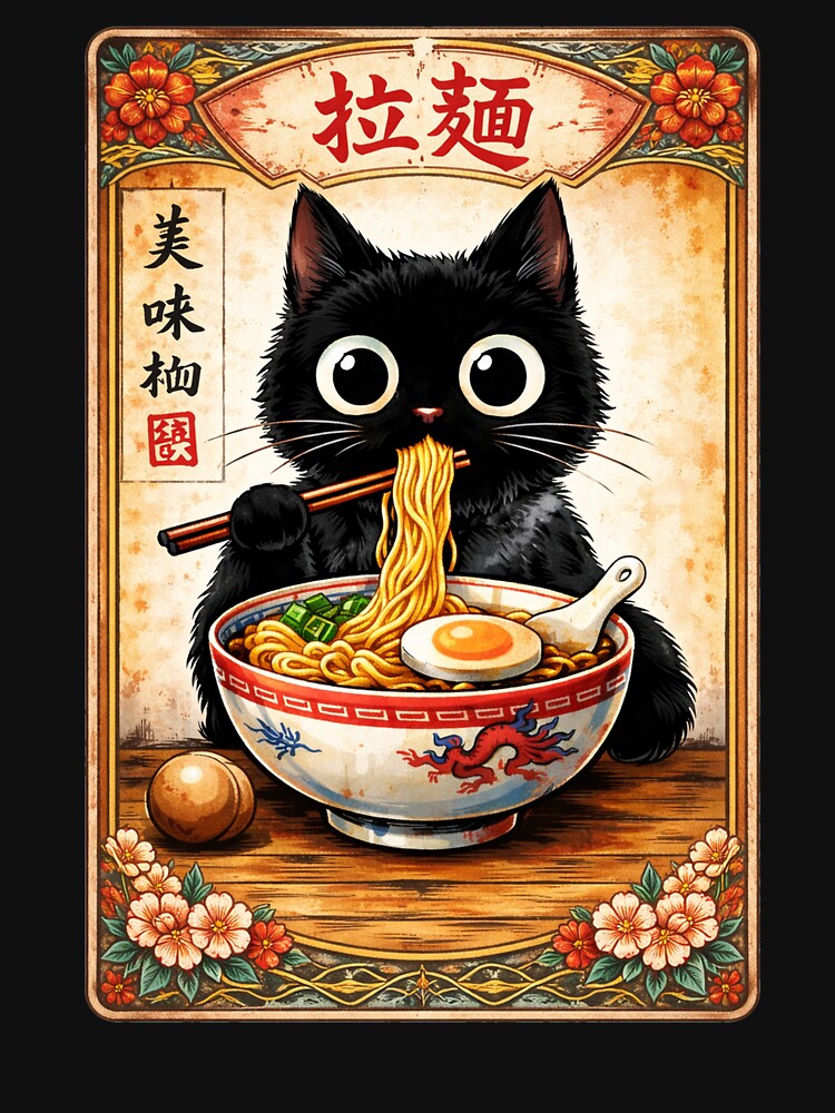 Kawaii Ramen Cat Retro Japanese Noodles Artwork by Kladhadredo