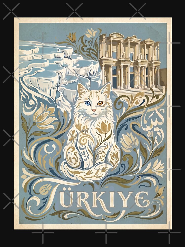 TÜRKIYE Vintage Travel Illustration - Floral Cat Sitting by ZUMERI