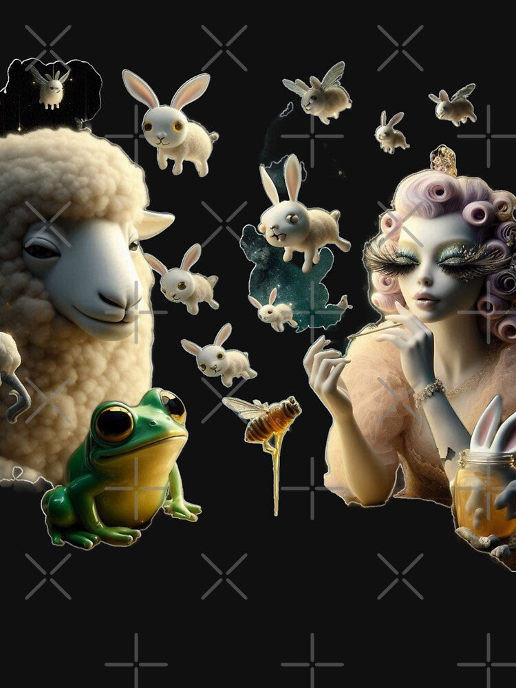 Whimsical Rococo Lady with Flying Bunnies and Green Frog by LujziWorld