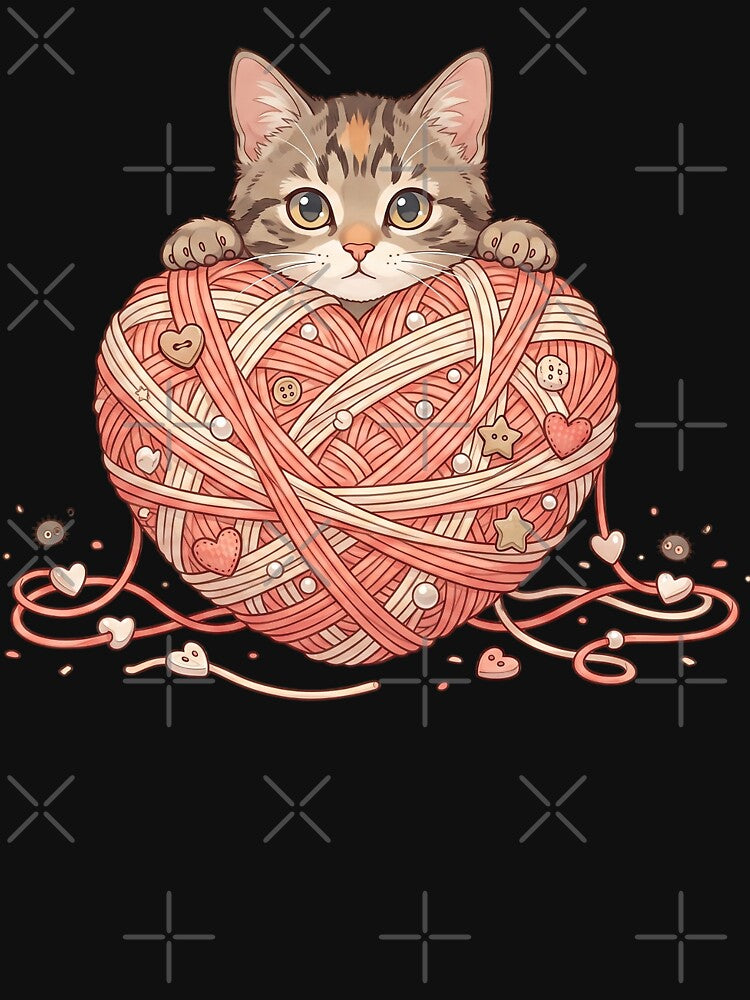 Cute Kitten Heart Ball of Yarn Knitting by CrystalMineArts