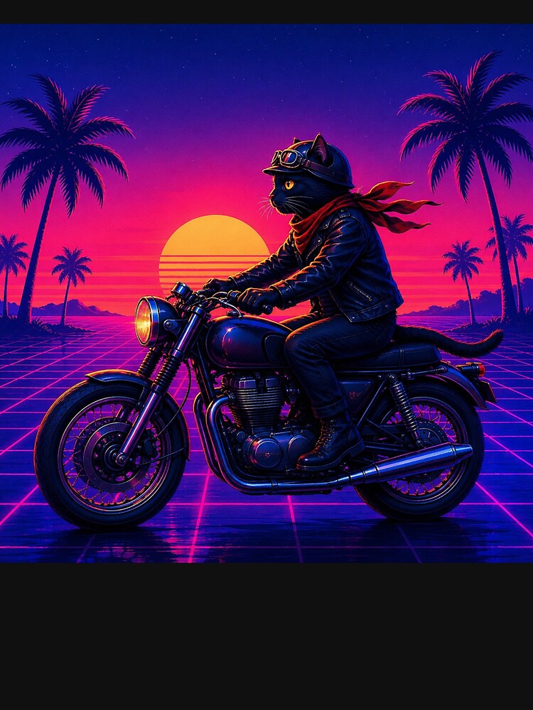 Synthwave Cat Rider – Retro Motorcycle Artwork by Dogandesighn