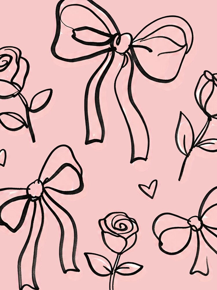 Elegant Coquette Bows and Roses Pattern - Minimalist Black Ink Line Art by ranivibes008